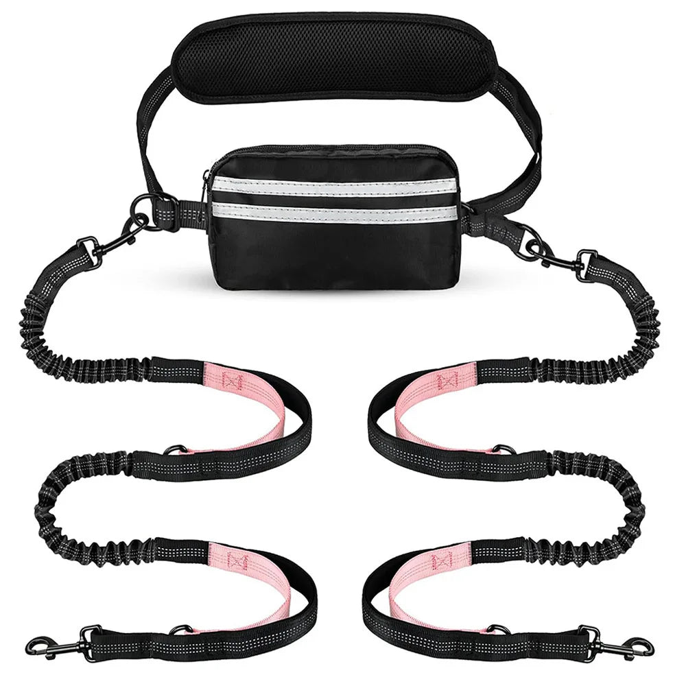 Hands-Free Dual Dog Leash with Storage Pouch | Crossbody & Waist Belt for 2 Dogs | No-Pull Bungee Traction