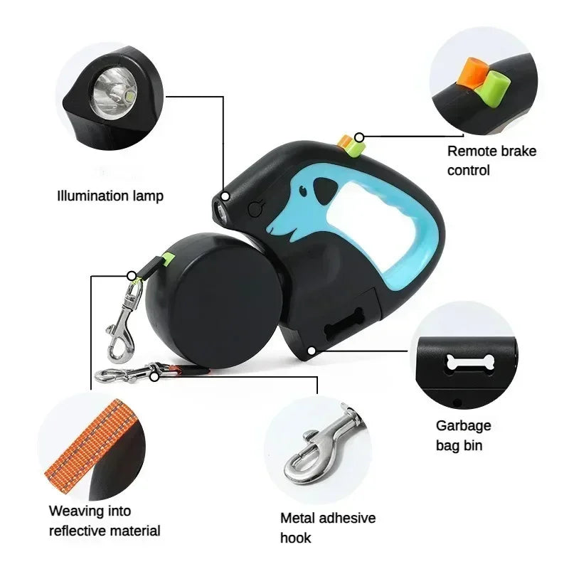 3M Automatic Retractable Dual Dog Leash System – 360° Rotating Nylon Double Traction Rope with Color-Coded Controls and Ergonomic Rubber Grip