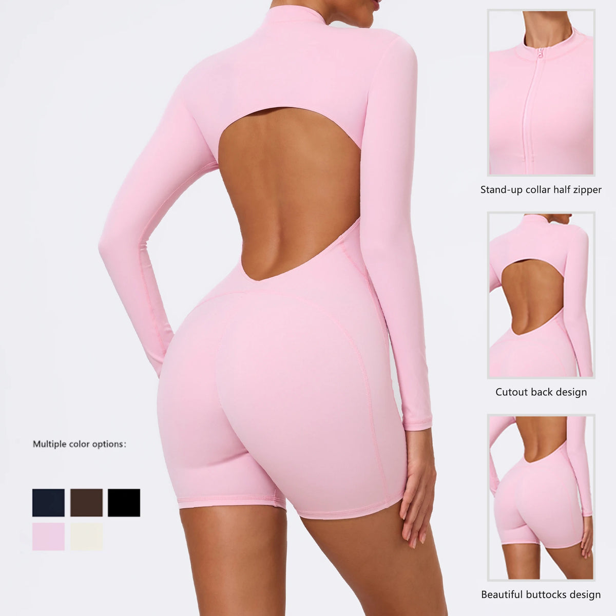 Women's Zip-Front Open-Back Long-Sleeve Yoga Romper