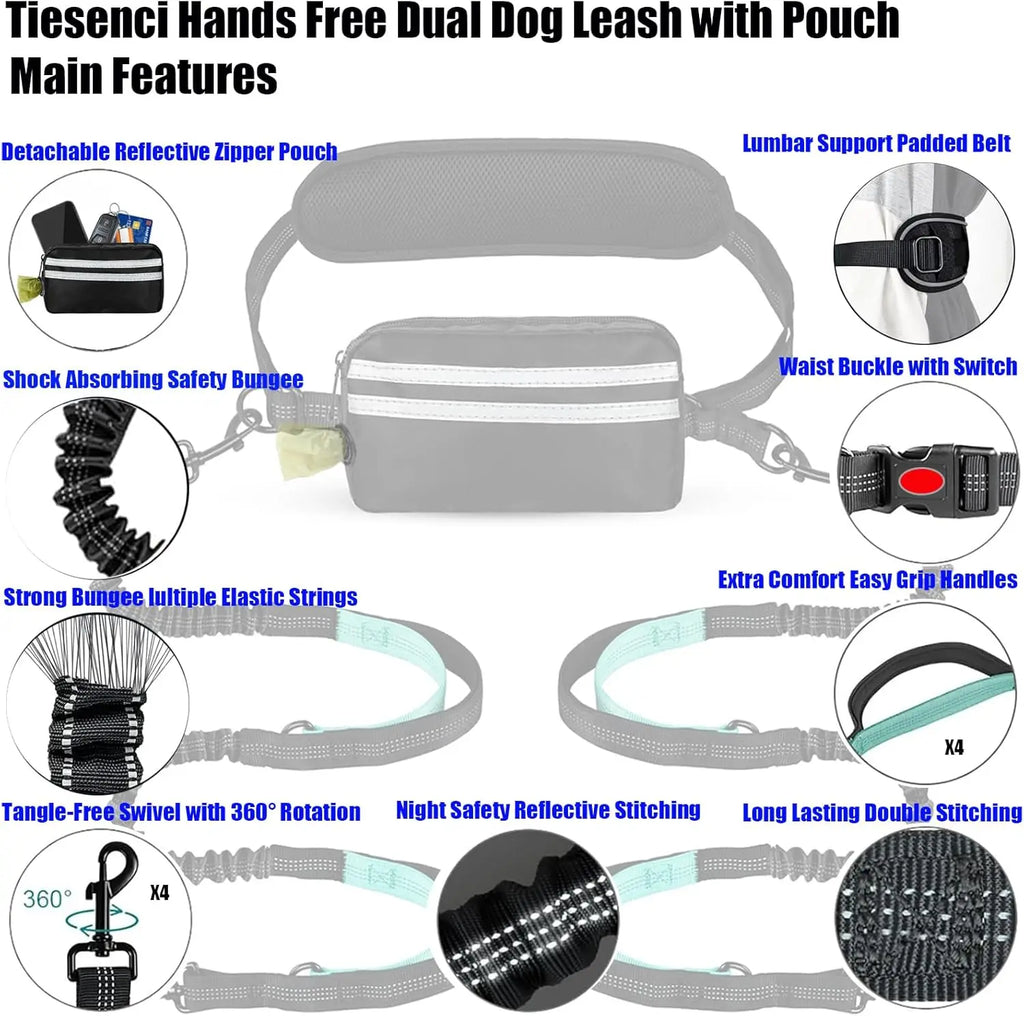 Hands-Free Dual Dog Leash with Storage Pouch | Crossbody & Waist Belt for 2 Dogs | No-Pull Bungee Traction