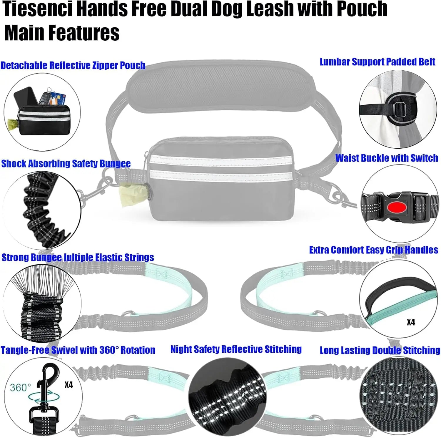 Hands-Free Dual Dog Leash with Storage Pouch | Crossbody & Waist Belt for 2 Dogs | No-Pull Bungee Traction