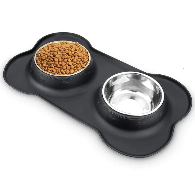 Anti-slip Dog & Cat Double Bowl Set with Anti-overflow Mat, Durable Stainless Steel Pet Food Feeder & Water Drinking Station