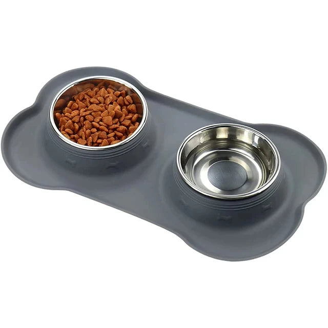 Anti-slip Dog & Cat Double Bowl Set with Anti-overflow Mat, Durable Stainless Steel Pet Food Feeder & Water Drinking Station
