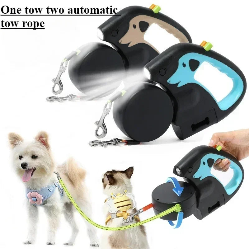 3M Automatic Retractable Dual Dog Leash System – 360° Rotating Nylon Double Traction Rope with Color-Coded Controls and Ergonomic Rubber Grip