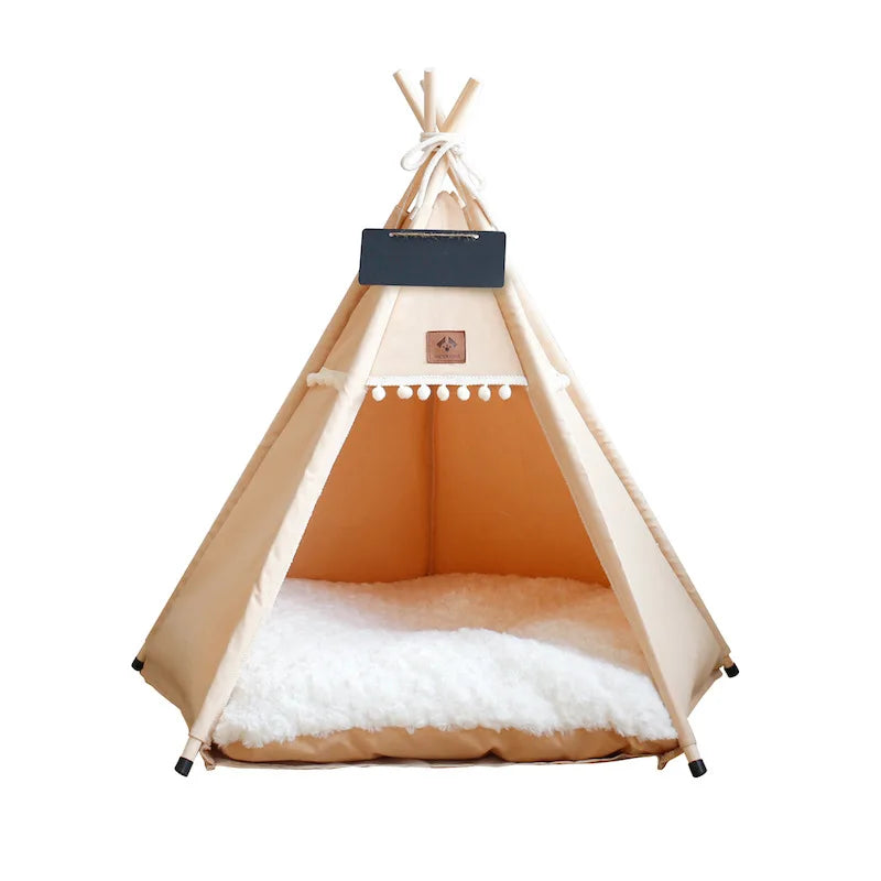 Portable Indoor Pet Teepee Tent – Washable Canvas Dog & Cat Bed with Thick, Warm Cushion