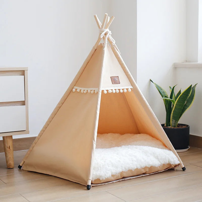 Portable Indoor Pet Teepee Tent – Washable Canvas Dog & Cat Bed with Thick, Warm Cushion