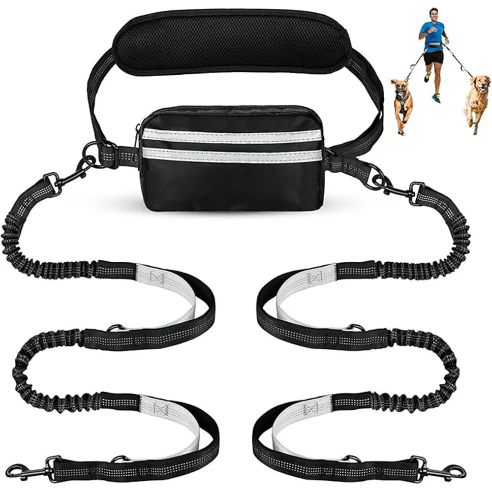 Hands-Free Dual Dog Leash with Storage Pouch | Crossbody & Waist Belt for 2 Dogs | No-Pull Bungee Traction
