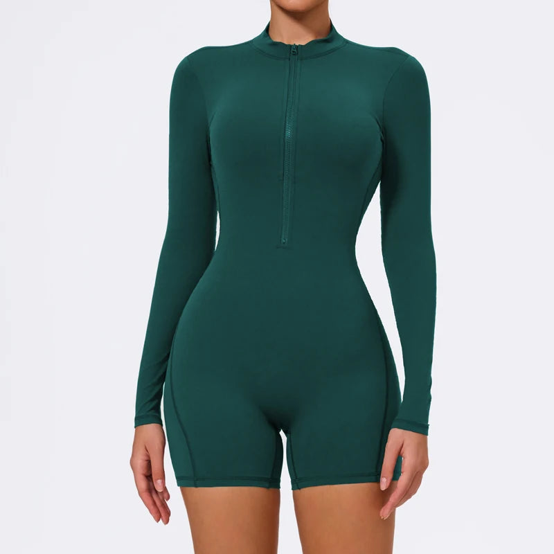Women's Zip-Front Open-Back Long-Sleeve Yoga Romper