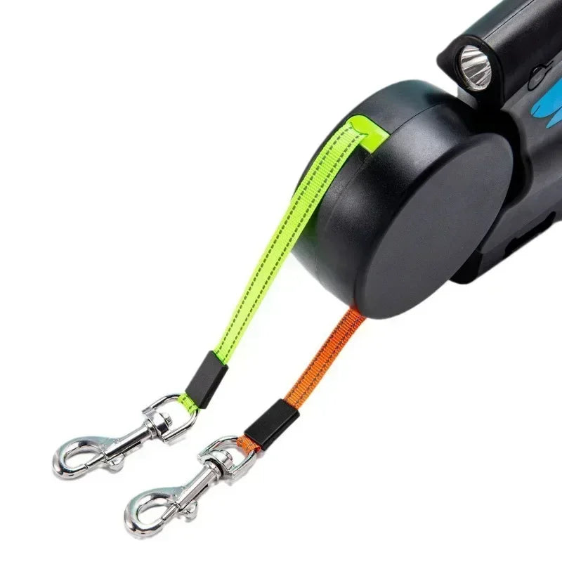 3M Automatic Retractable Dual Dog Leash System – 360° Rotating Nylon Double Traction Rope with Color-Coded Controls and Ergonomic Rubber Grip