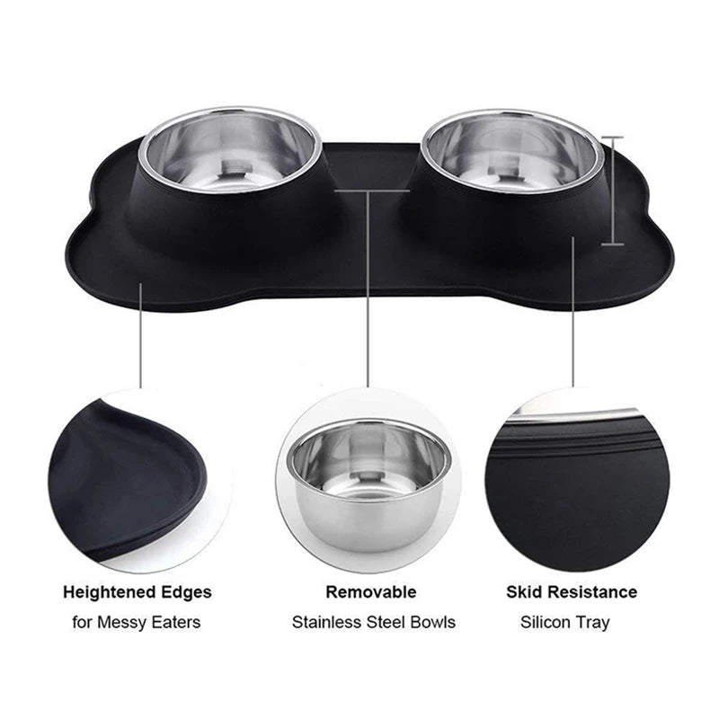 Anti-slip Dog & Cat Double Bowl Set with Anti-overflow Mat, Durable Stainless Steel Pet Food Feeder & Water Drinking Station