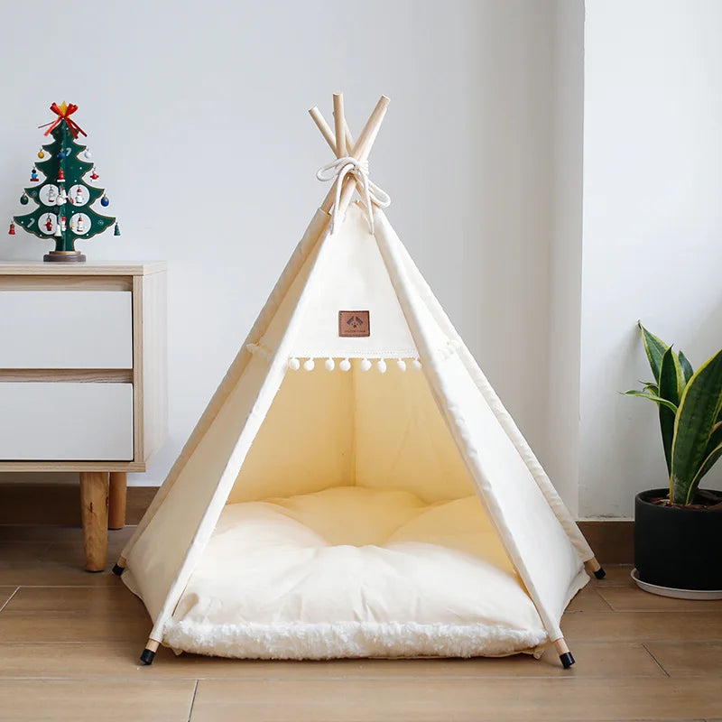 Portable Indoor Pet Teepee Tent – Washable Canvas Dog & Cat Bed with Thick, Warm Cushion