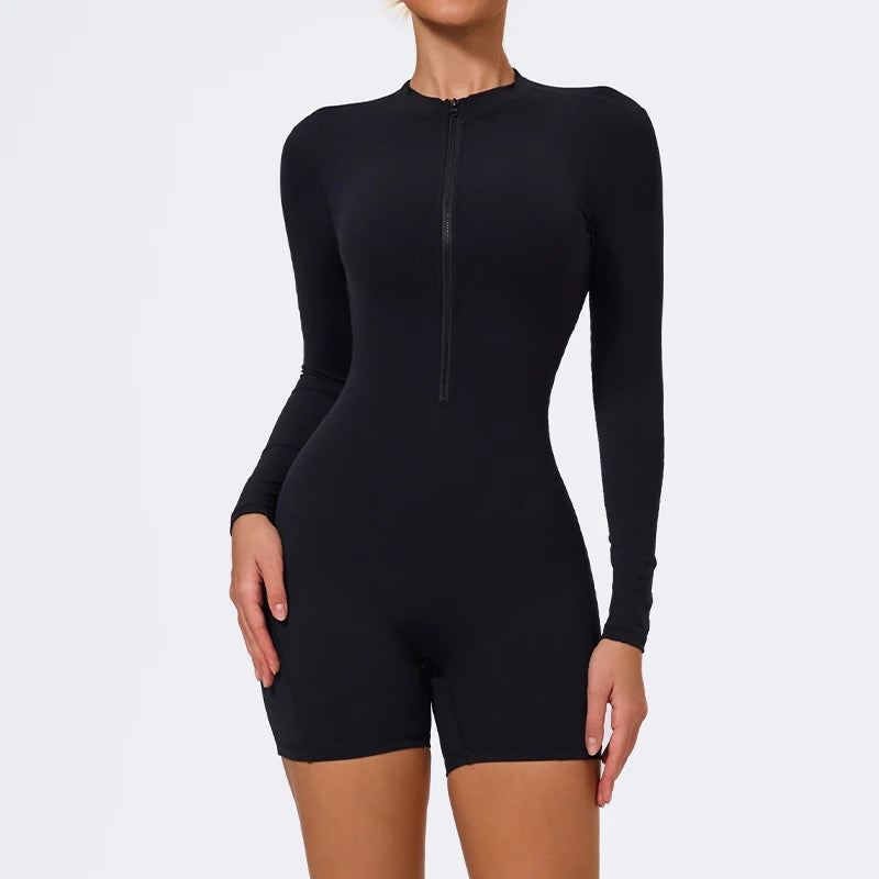 Women's Zip-Front Open-Back Long-Sleeve Yoga Romper