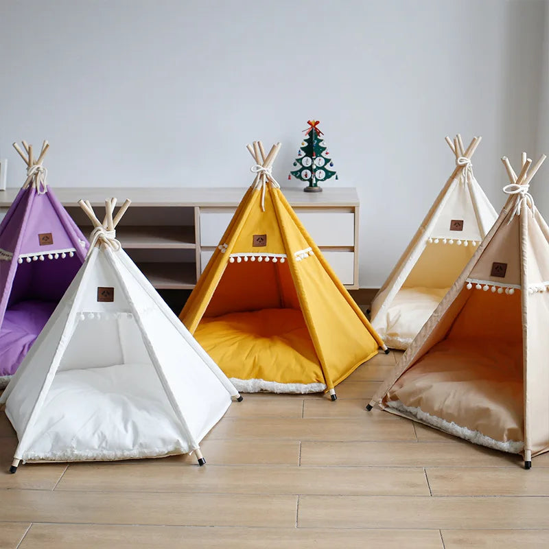 Portable Indoor Pet Teepee Tent – Washable Canvas Dog & Cat Bed with Thick, Warm Cushion