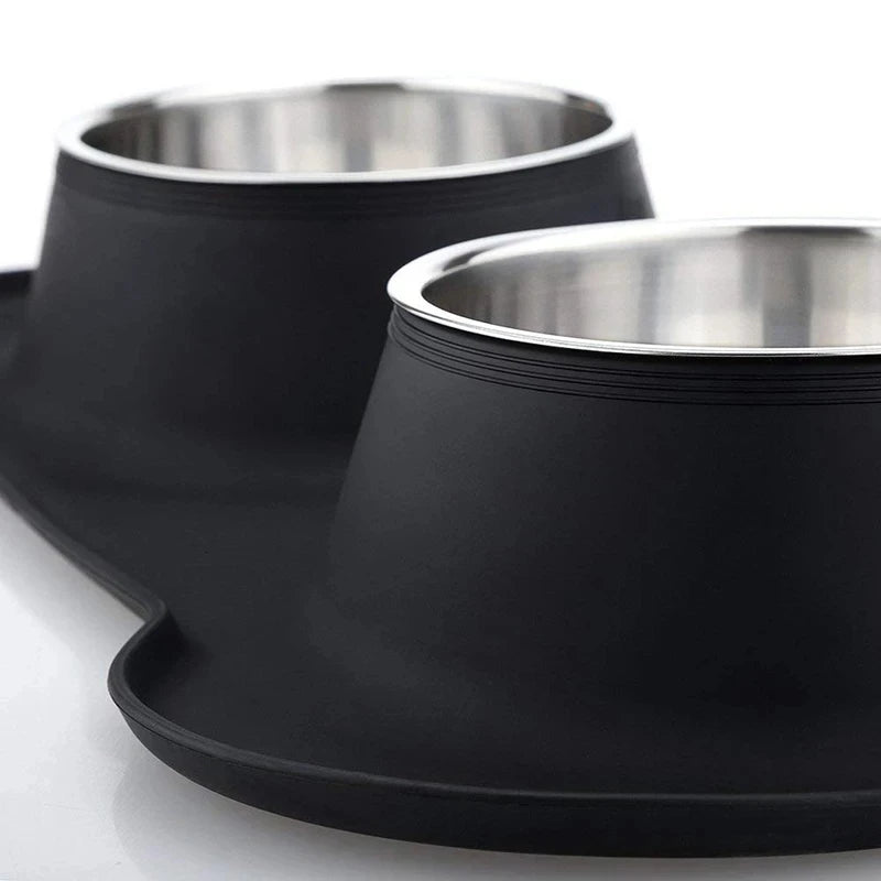 Anti-slip Dog & Cat Double Bowl Set with Anti-overflow Mat, Durable Stainless Steel Pet Food Feeder & Water Drinking Station