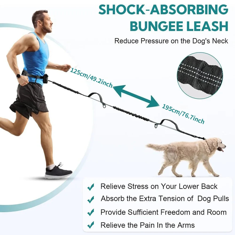 Hands-Free Dual Dog Leash with Storage Pouch | Crossbody & Waist Belt for 2 Dogs | No-Pull Bungee Traction