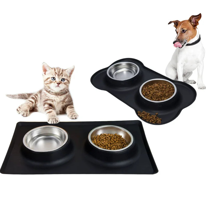 Anti-slip Dog & Cat Double Bowl Set with Anti-overflow Mat, Durable Stainless Steel Pet Food Feeder & Water Drinking Station