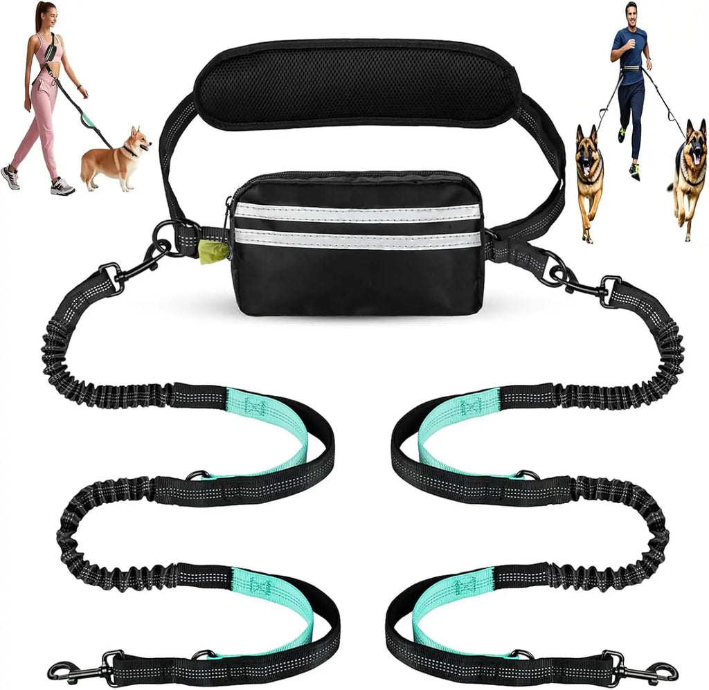 Hands-Free Dual Dog Leash with Storage Pouch | Crossbody & Waist Belt for 2 Dogs | No-Pull Bungee Traction