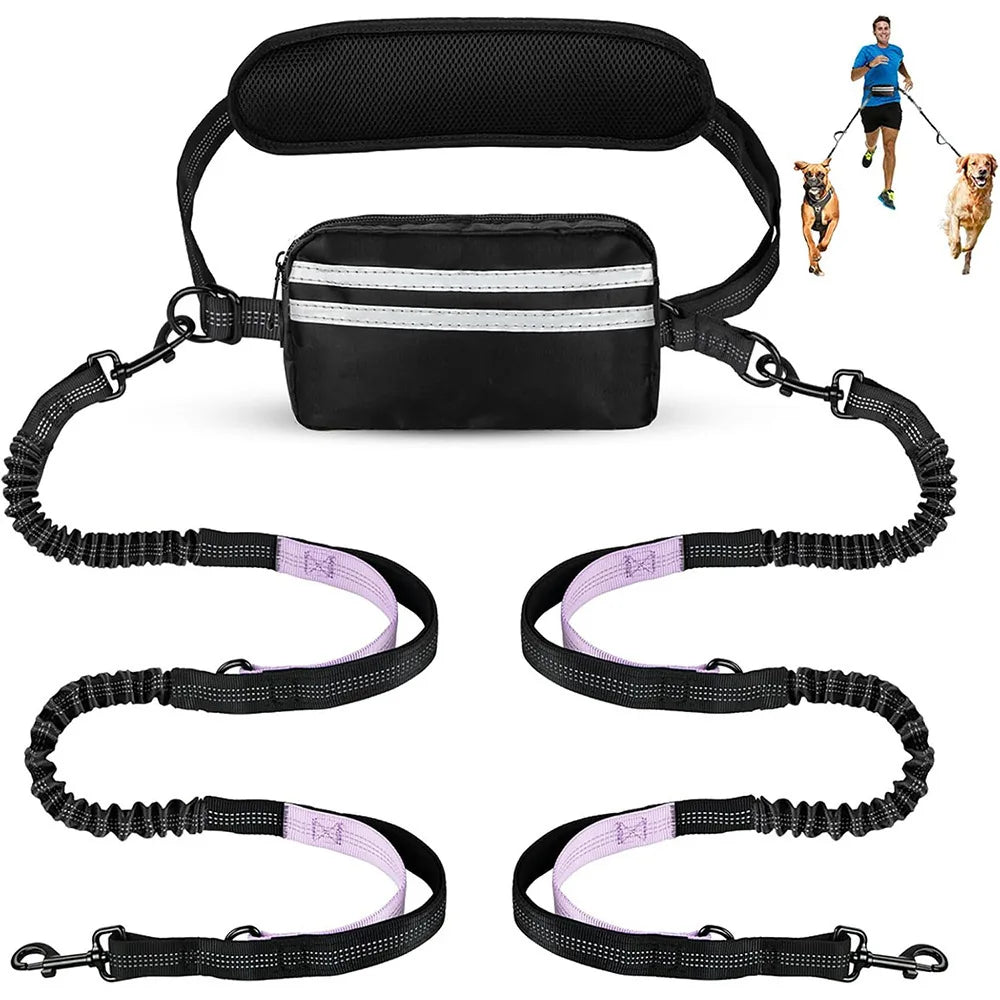 Hands-Free Dual Dog Leash with Storage Pouch | Crossbody & Waist Belt for 2 Dogs | No-Pull Bungee Traction