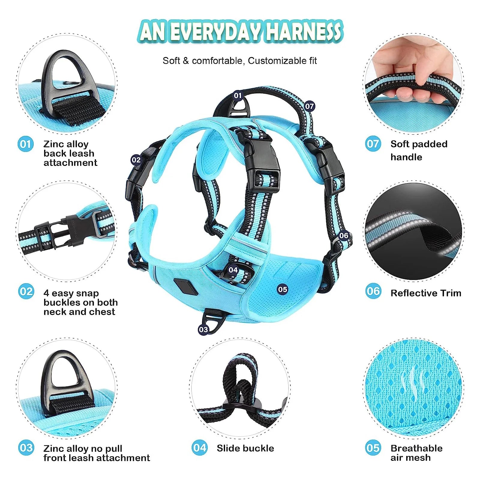 No Pull Dog Harness, Adjustable Soft Padded Pet Vest with Easy Control Handle for Training and Daily Walks