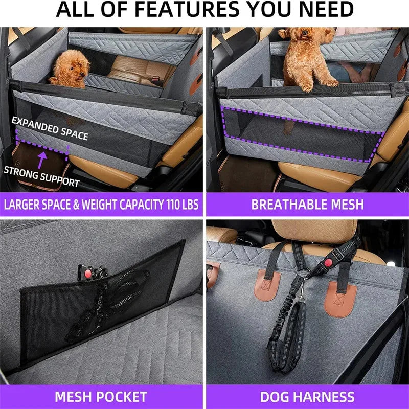 Pet Car Nest Bed & Back Seat Hammock Extender, Full Coverage Waterproof Scratchproof Dog Travel Bed with Mesh Pocket for All Size Dogs & Passengers