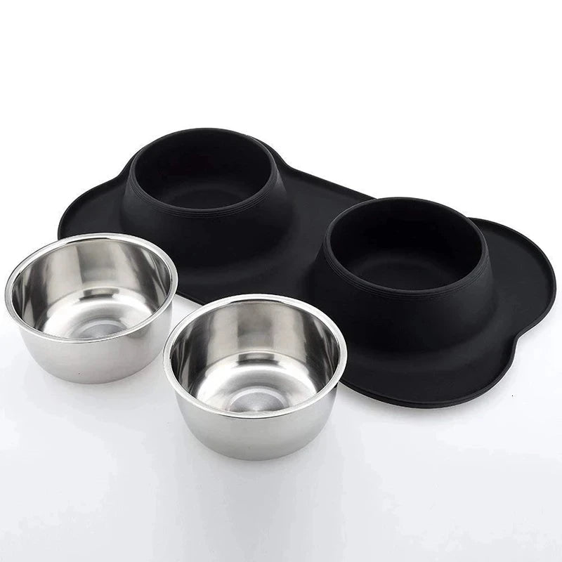 Anti-slip Dog & Cat Double Bowl Set with Anti-overflow Mat, Durable Stainless Steel Pet Food Feeder & Water Drinking Station