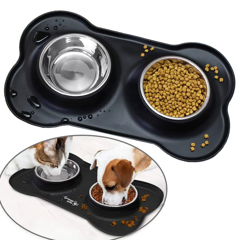 Anti-slip Dog & Cat Double Bowl Set with Anti-overflow Mat, Durable Stainless Steel Pet Food Feeder & Water Drinking Station