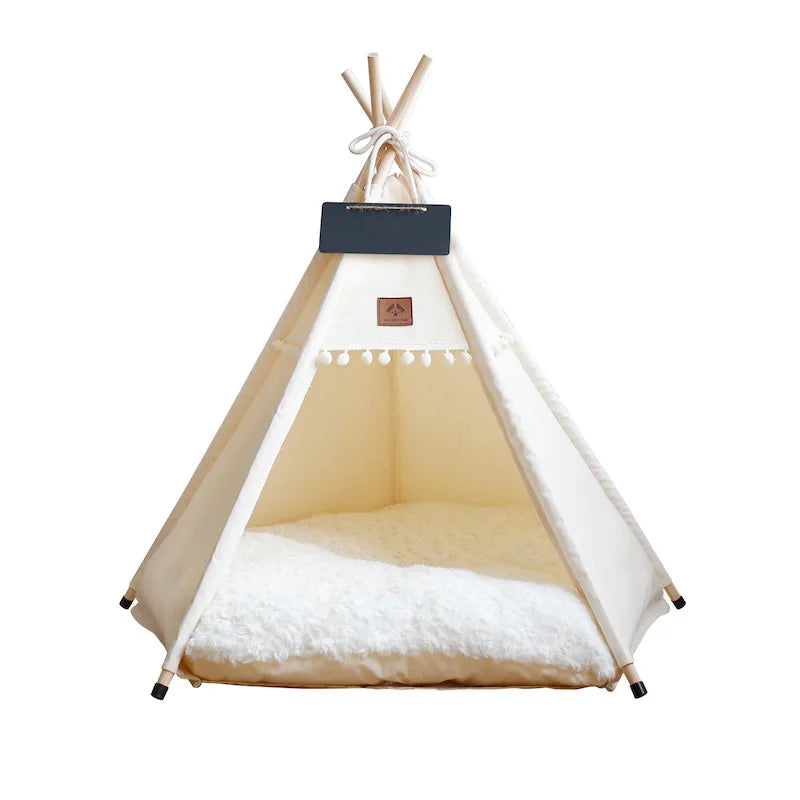 Portable Indoor Pet Teepee Tent – Washable Canvas Dog & Cat Bed with Thick, Warm Cushion