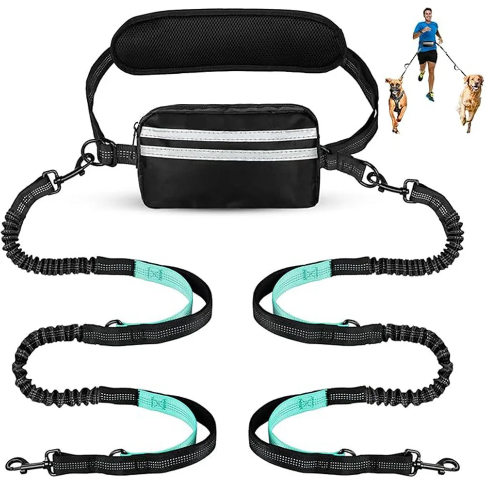 Hands-Free Dual Dog Leash with Storage Pouch | Crossbody & Waist Belt for 2 Dogs | No-Pull Bungee Traction