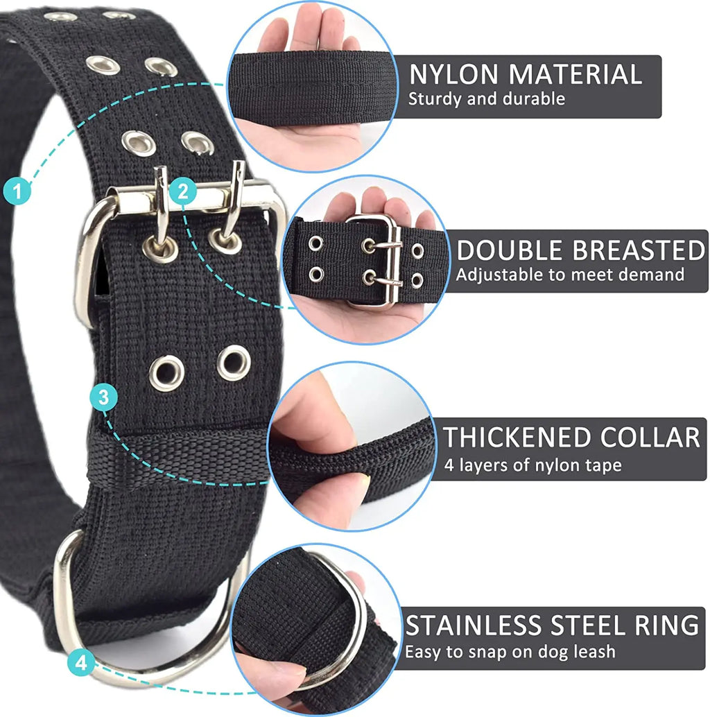Heavy-Duty Tactical Military Dog Collar – 1.5"/2" Ultra-Wide Reinforced Nylon with Double-Pin Metal Buckle for Medium and Large Breeds
