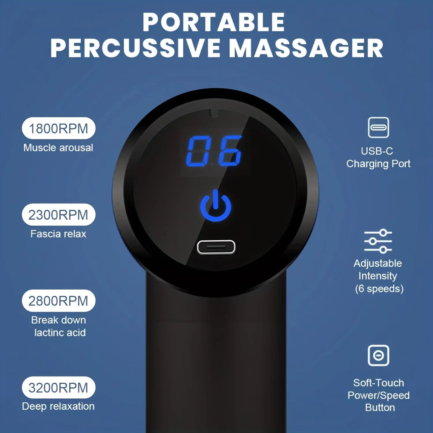 Portable Rechargeable USB Powered Electric Percussion Massage Gun with LED Touch Screen
