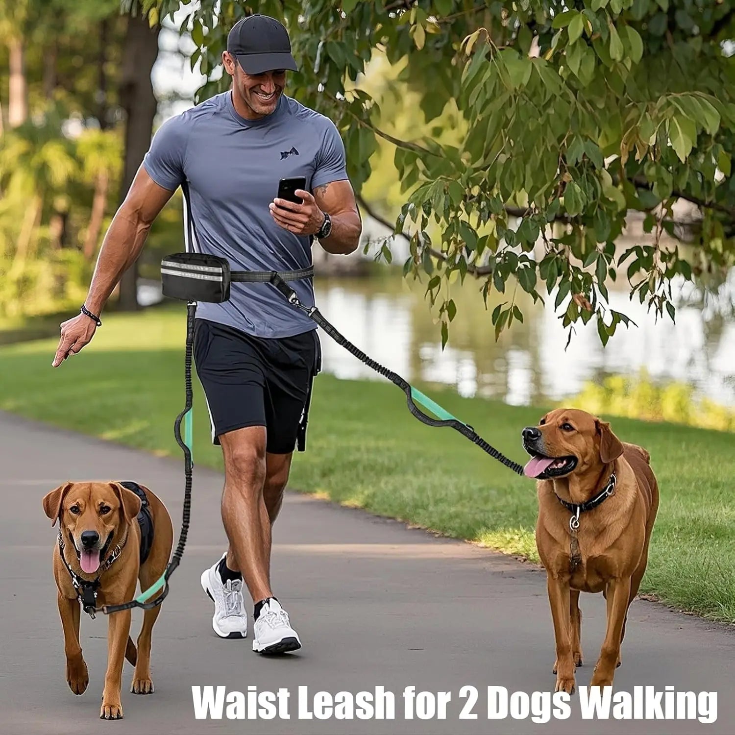 Hands-Free Dual Dog Leash with Storage Pouch | Crossbody & Waist Belt for 2 Dogs | No-Pull Bungee Traction